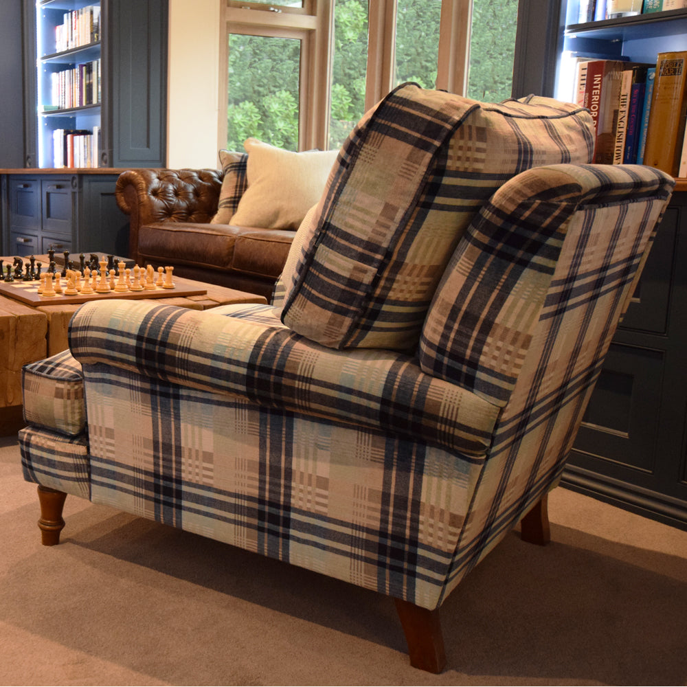 A cushion back York chair in Mulberry Ancient Tartan velvet