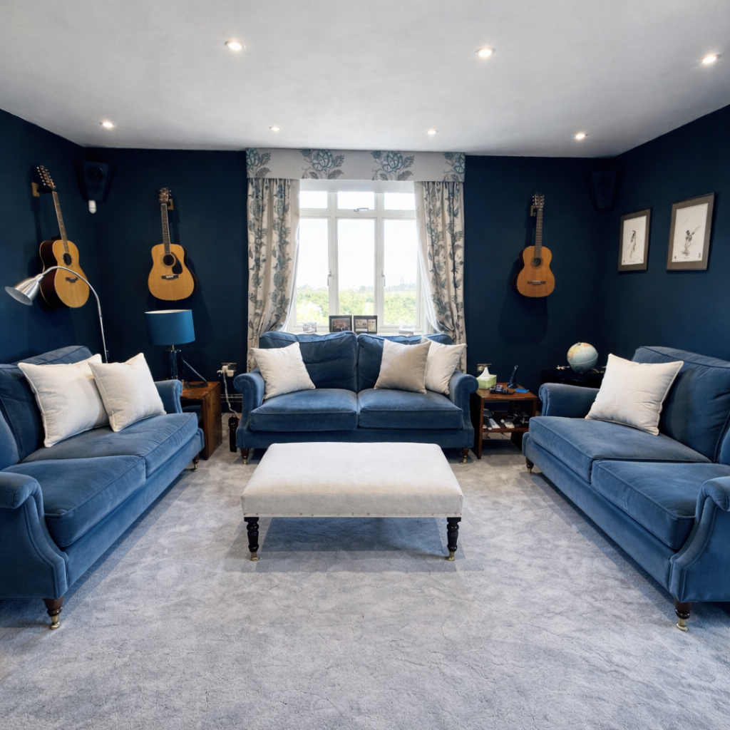 Stunning GP&J Baker Berenike embroidery enhances an audio visual room