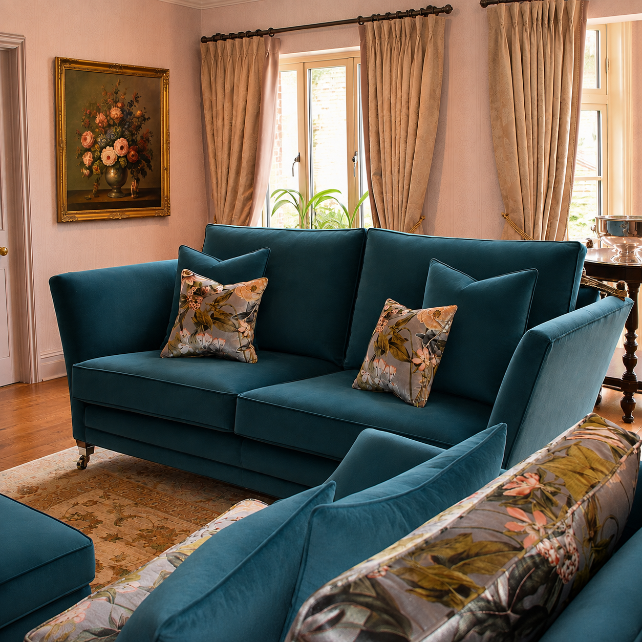 Elegant drawing room combines plain velvets with bold pattern