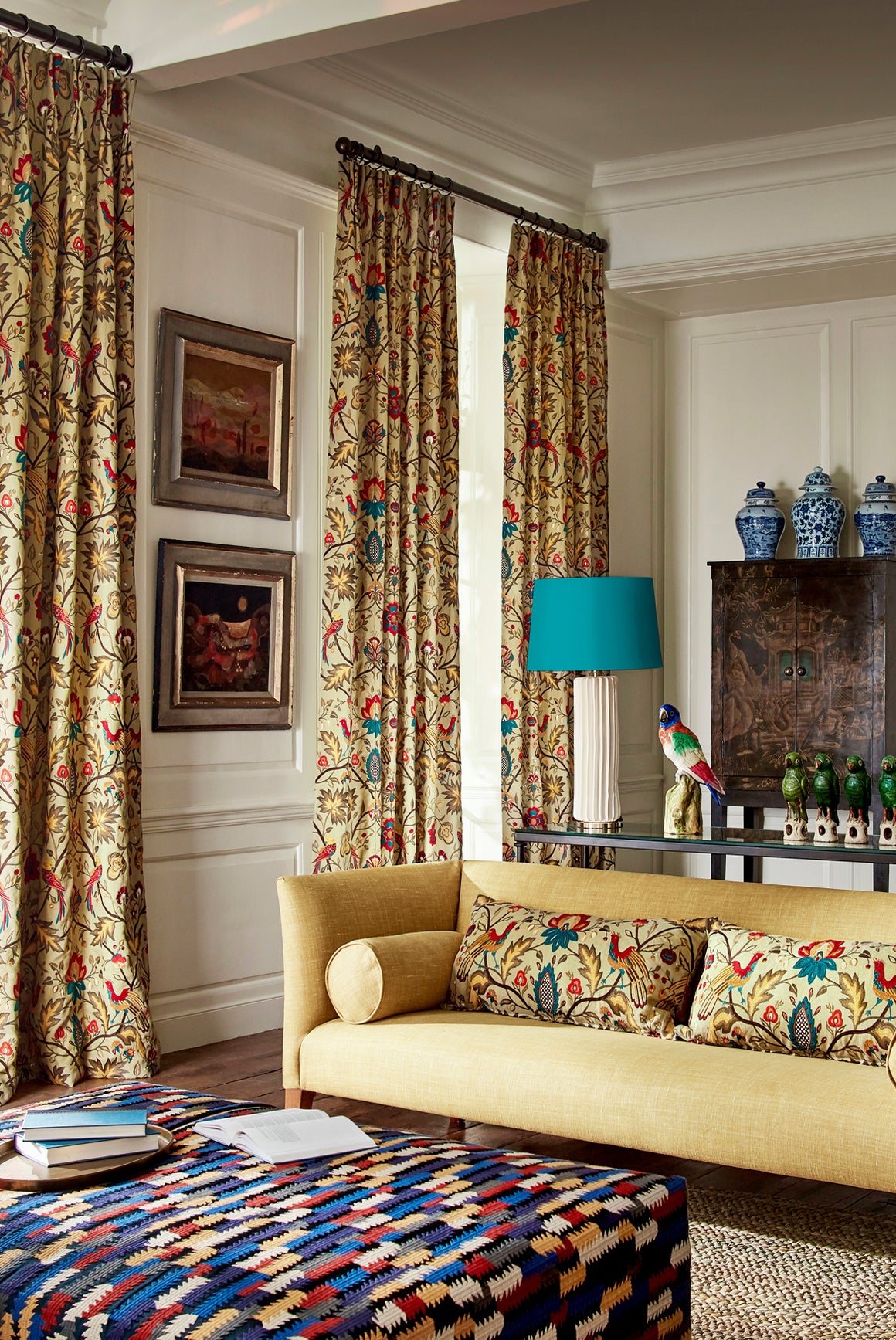 Double pair of Triple Pinch Pleat Curtains in Zoffany Oiseaux de Paradis