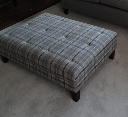 Flat buttoned footstool in Sanderson Milton Wool SALE OFFER