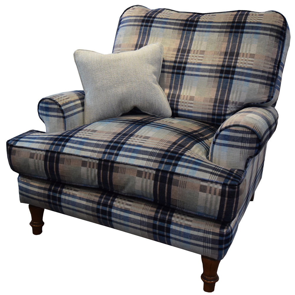 A cushion back York chair in Mulberry Ancient Tartan velvet