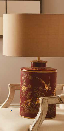 Red and gold painted bird motif table lamp and shade